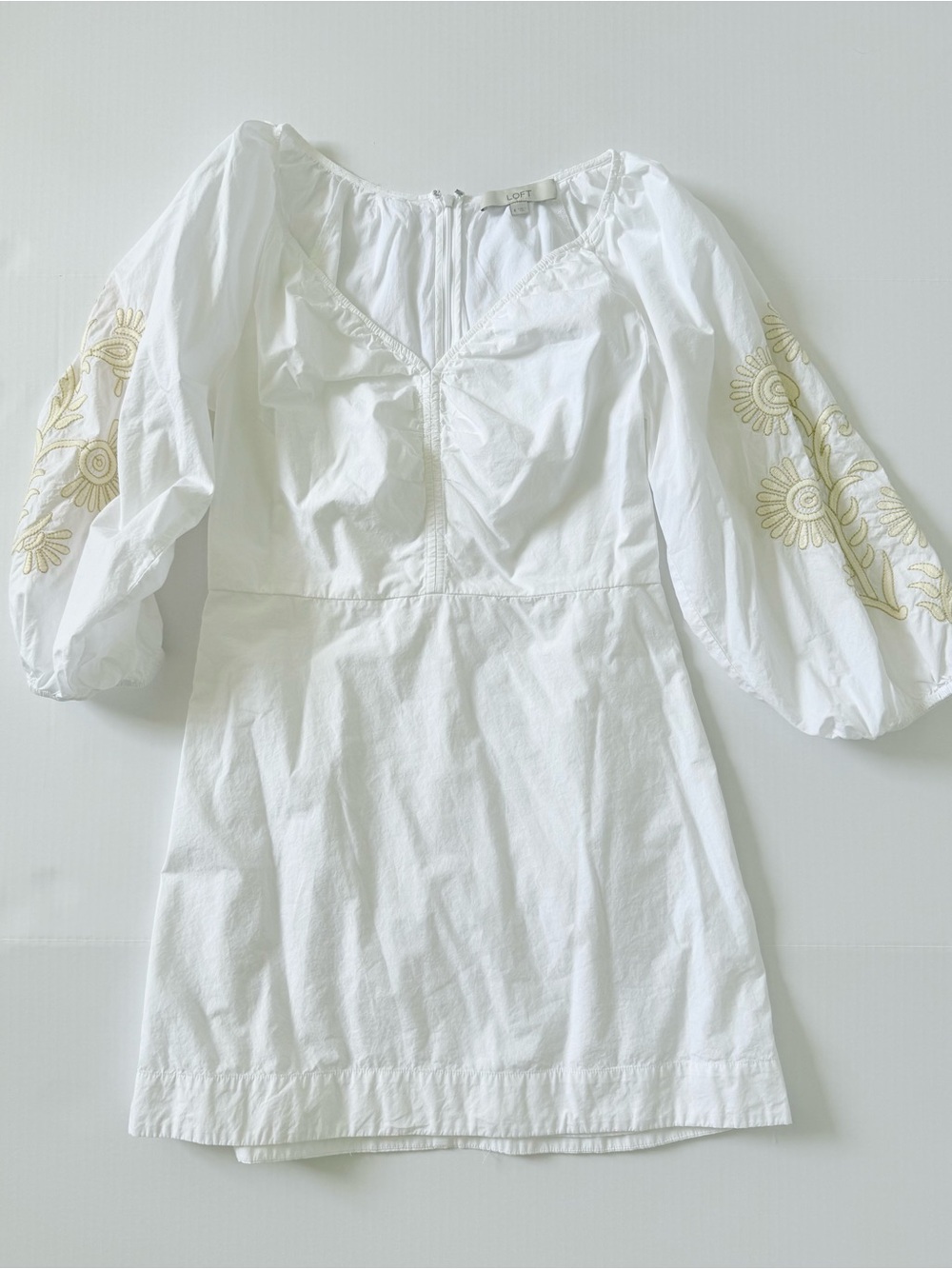 LOFT White Mini Dress with Yellow Floral Sleeve Embroidery